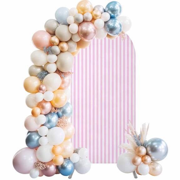Pink White Stripe Arch Backdrop Cover, Spandex Fitted Wedding Arch Cover, Modern Minimalist Geometric Striped Round Top Stand Covers for Birthday Ceremony Bridal Shower Party Decor 4x1.65 Ft
