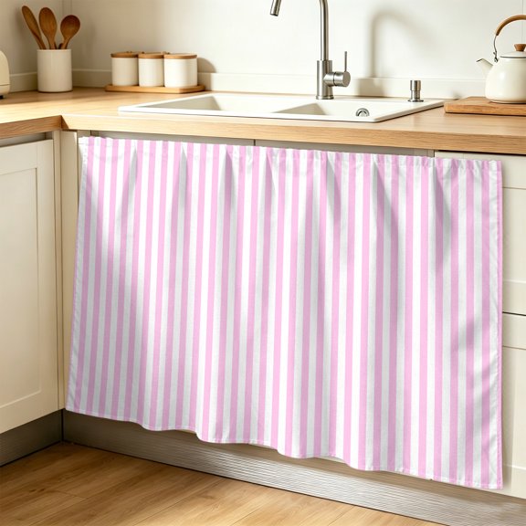 Pink White Stripe Cabinet Curtain 32"Wx55"L,Dustproof Pantry Door Curtain W/ Self Adhesive Tape,Modern Minimalist Geometric Striped Tall Storage Cover Privacy Drape for Bathroom Kitchen Laundry Room