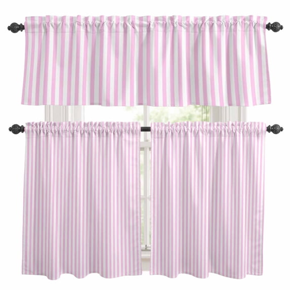 Pink White Stripe Kitchen Curtains Sets for Windows 24 Inch Length, Modern Minimalist Geometric Striped Rod Pocket Window Treatments Tier Curtains and Valances Set for Bedroom/Bathroom