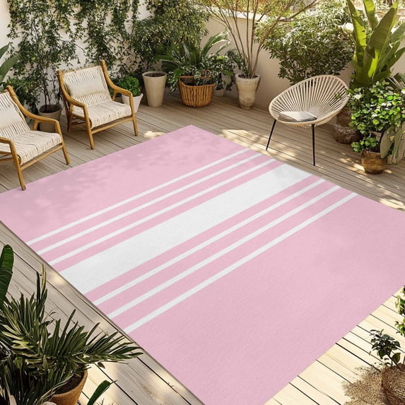 Pink White Stripe Outdoor Rug 5x8 Ft - Reversible Patio Rug Outdoor Camping Rugs, Modern Rustic Vertical Striped Washable Indoor Outdoor Area Rugs, Non-Slip Outdoor Carpet Runner for Deck/Porch