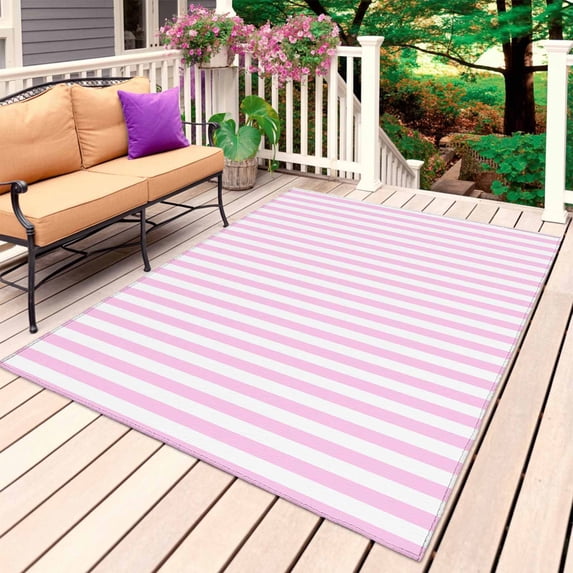 Pink White Stripe Outdoor Rug for Patio/Deck/Porch, Non-Slip Large Area Rug 4 x 6 Ft, Modern Minimalist Geometric Striped Indoor Outdoor Rugs Washable Area Rugs, Reversible Camping Rug Carpet Runner