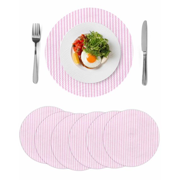 Pink White Stripe Round 13 Inch Placemats Set of 6, Modern Minimalist Geometric Striped HeatResistant Non Slip Place Mats for Dining Table, Wipeable Braided Kitchen Table Mats for Housewarming