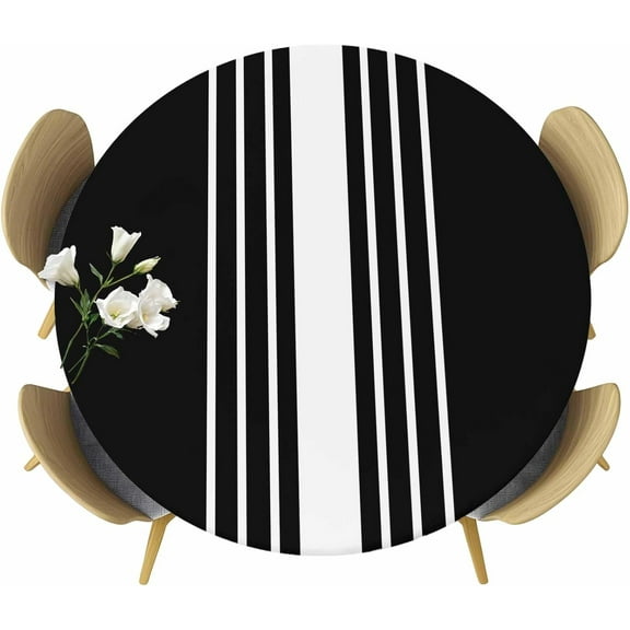 Pink White Stripe Round Tablecloth 36-44 Inch Round Fitted Table Cloth with Elastic Edge, Modern Rustic Vertical Striped Waterproof Table Cover Protector for Outdoor Picnic Party Dining