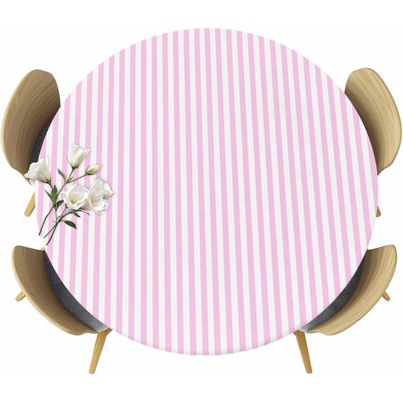 Pink White Stripe Round Tablecloth 45-52 Inch Round Fitted Table Cloth with Elastic Edge, Modern Minimalist Geometric Striped Waterproof Table Cover Protector for Outdoor Picnic Party Dining