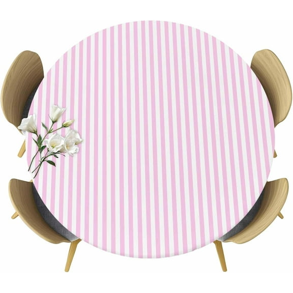 Pink White Stripe Round Tablecloth 45-52 Inch Round Fitted Table Cloth with Elastic Edge, Modern Minimalist Geometric Striped Waterproof Table Cover Protector for Outdoor Picnic Party Dining