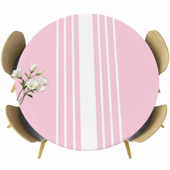 Pink White Stripe Round Tablecloth 45-54 Inch Round Fitted Table Cloth with Elastic Edge, Modern Rustic Vertical Striped Waterproof Table Cover Protector for Outdoor Picnic Party Dining