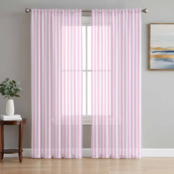 Pink White Stripe Semi Sheer Curtains 108 Inch Length 2 Panels Set, Modern Minimalist Geometric Striped Sheer Kitchen Curtain Privacy Voile Window Curtain for Living Room Bedroom Rod Pocket Drapes
