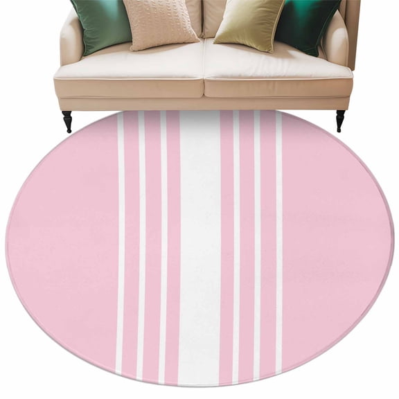 Pink White Stripe Washable Round Rug 6ft Area Rug for Living Room, Soft Large Non-Slip Circle Dining Room Rugs Modern Rustic Vertical Striped Carpet for Bedroom Entryway Classroom Dorm
