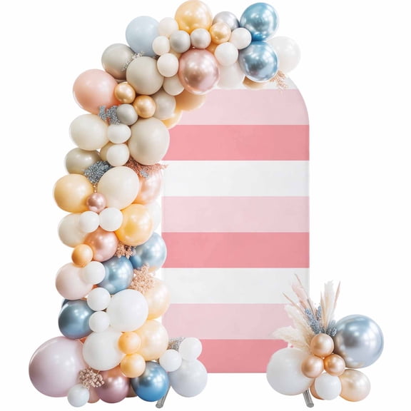 Pink White Striped Arch Backdrop Cover 5Ft, Wedding Arch Covers Stretchy Backdrop, Farmhouse Stripes Fitted 2 Sided Arched Photo Background for Birthday Party Decorations