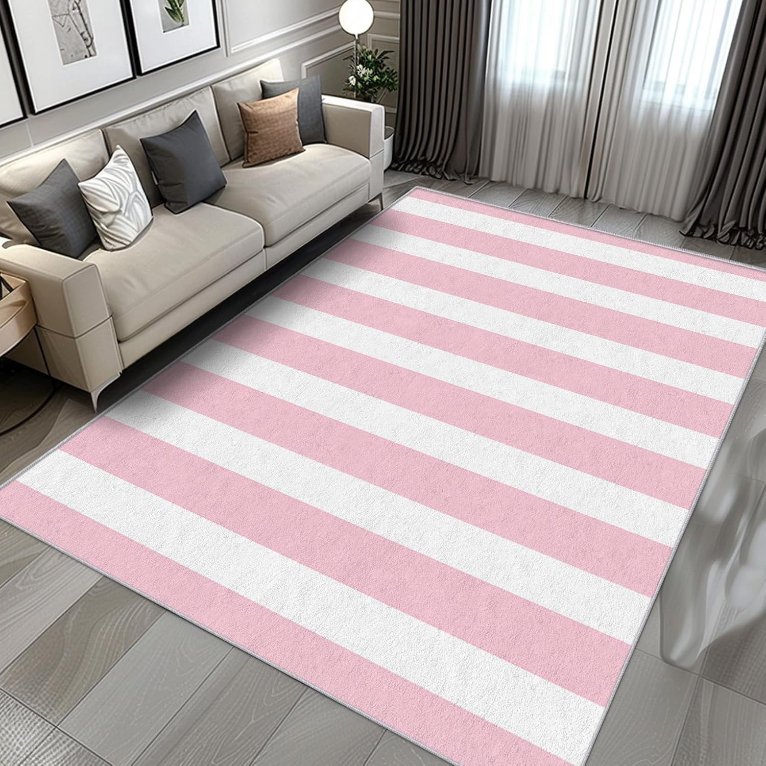 Pimk Rug Pink White Striped Area Rugs, Modern Minimalist Carpet, Washable Non ...