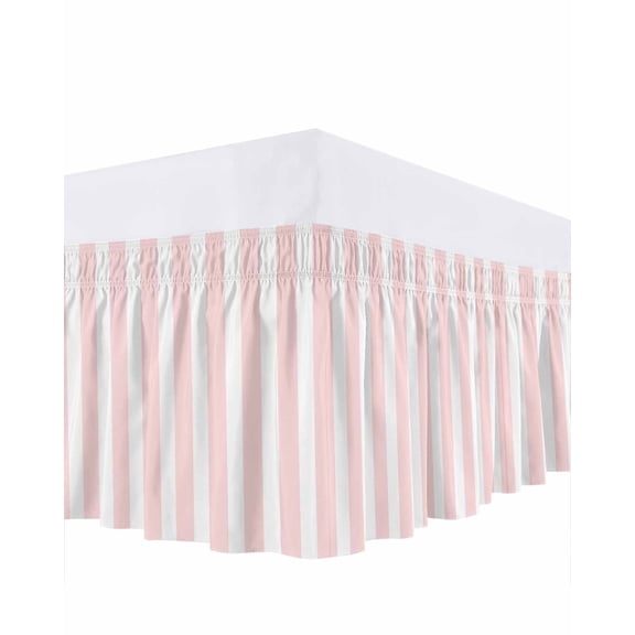 Pink and White Striped Bed Skirt California King Size 18" Drop Gradient Geometric Ruffled Wrap Around Bed Skirts Adjustable Elastic Bedskirt Dust Ruffle for California King Size Bed