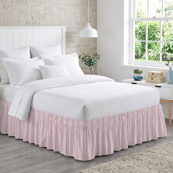 Pink White Striped Bed Skirt Queen Size 16 Inch Drop, Solid Light Pink White Stripes Rustic Minimalist Adjustable Elastic Dust Ruffles Bedskirt for Queen Bed Wrap Around Pleated Mattress Frame Cover