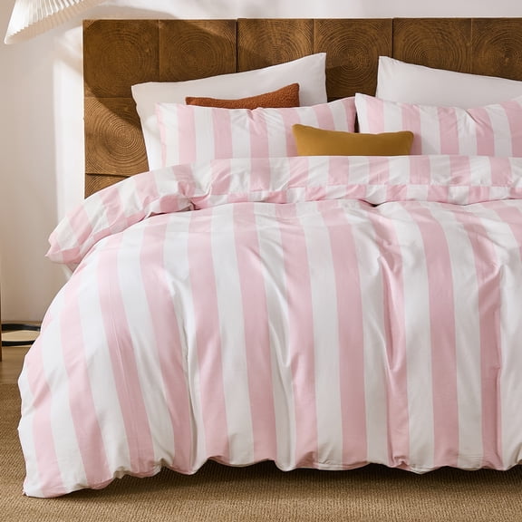 Pink and White Striped Comforter Set Queen, 100% Cotton Reversible Comforter Set 3 Pcs, Luxury Linen Like Bedding, Soft Breathable Lightweight Comforter for All Seasons
