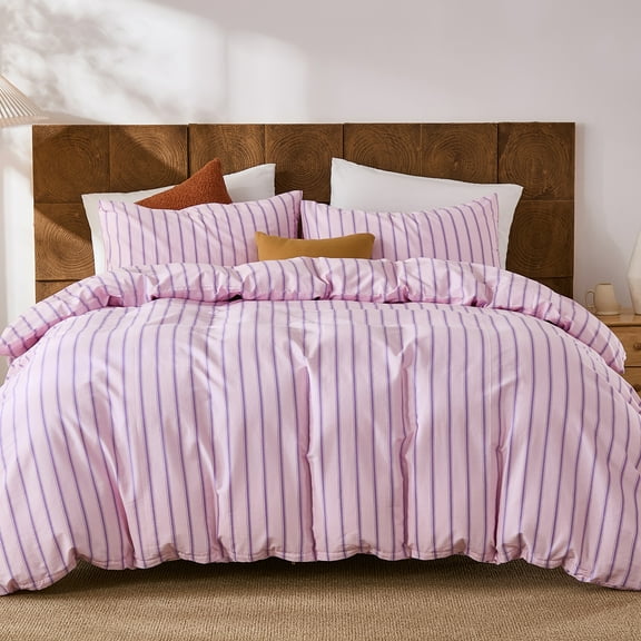 Pink and White Striped Comforter Set Queen, 100% Cotton Reversible Comforter Set 3 Pcs, Luxury Linen Like Bedding, Soft Breathable Lightweight Comforter for All Seasons