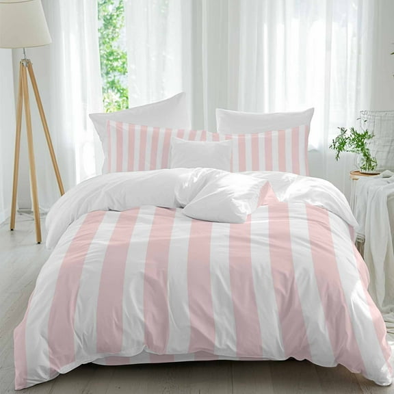 Pink and White Striped Duvet Cover Set Full Size Gradient Geometric Soft Lightweight Comforter Covers 4 Piece Bedding Set with 1 Duvet Cover 1 Bed Sheet & 2 Pillow Shams