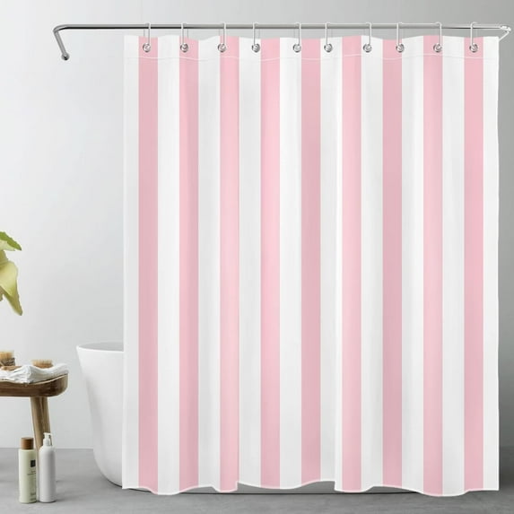 Pink and White Striped Fabric Shower Curtain for Bathroom with 10 Hooks, Vertical Stripe Geometric Shower Curtains for Bathroom, Modern Farmhouse Chic Style Bathroom Shower Curtains, 84x72 Inch
