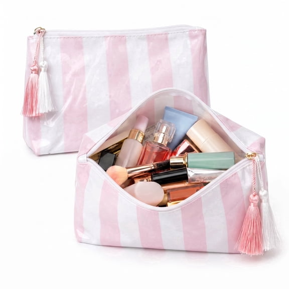 Striped Makeup Bag, Pink Cosmetic Pouch, Glossy Travel Toiletry Bag with Zipper and Tassel Pulls