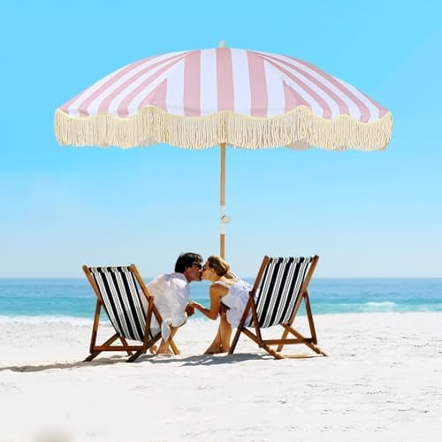 Pink And White Striped Patio Umbrella With Fringe Portable Beach Umbrellas For Sand UV50 Boho Umbrella Outdoor With Tilt 6.5ft Sunshade Umbrella For Sand Camping Table Umbrella Waterproof/8 Ribs