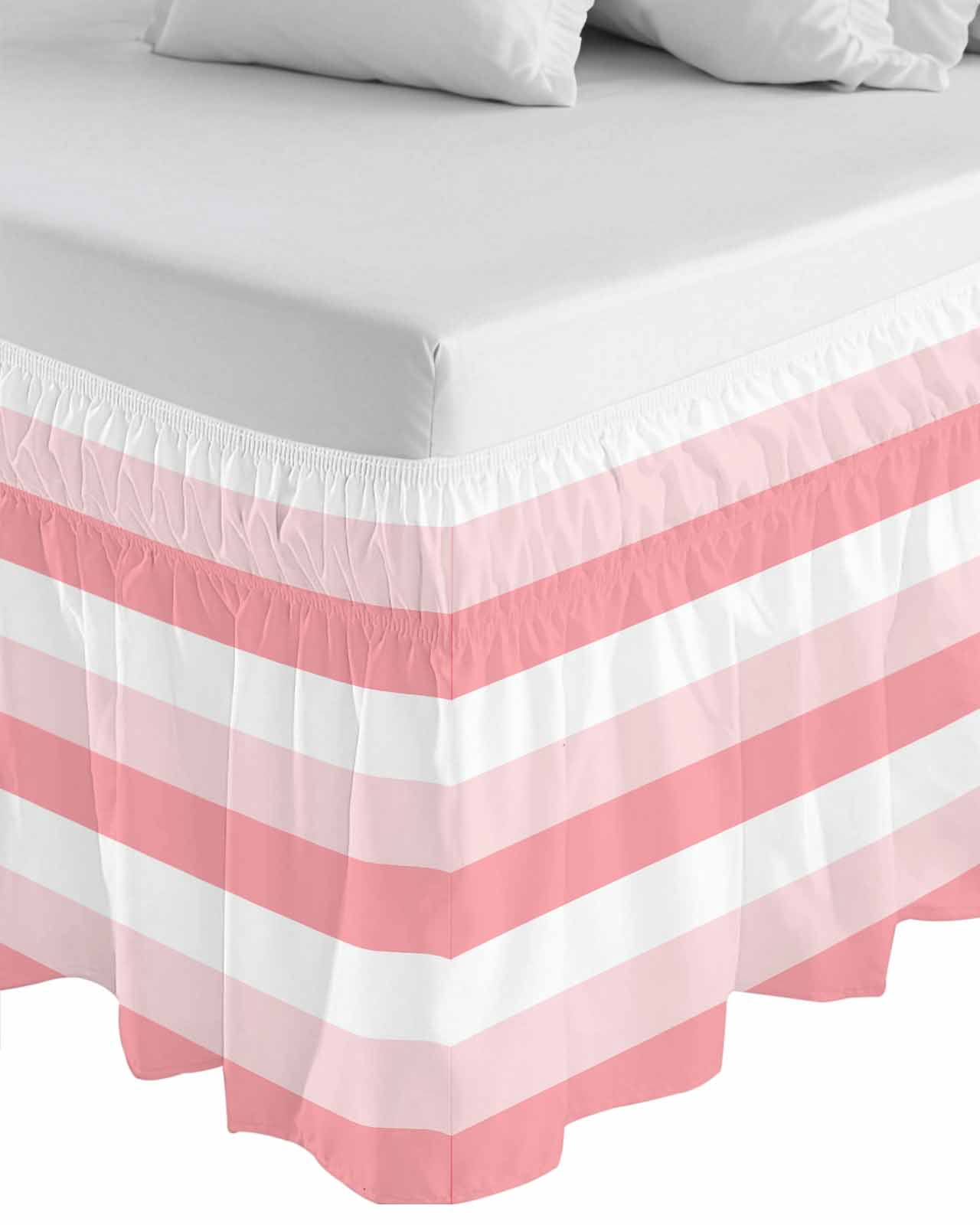 Pink White Striped Wrap Around Bed Skirts for California King Bed 16" Drop, Bed Skirt with Adjustable Elastic Belt Dust Ruffle Bed Valance for Bedroom Hotel Luxury Farmhouse Stripes Bed Frame Cover