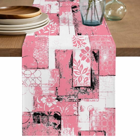 Pink White Table Runner, Modern Abstract Art Botanical Washable Cotton Linen Table Runners 120 Inches Long, Dresser Scarf Runner for Dining/Living Room/Kitchen/Square Tables 13''x120''
