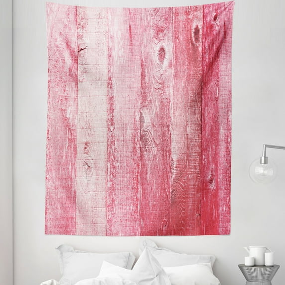 Pink and White Tapestry, Distressed Vintage Grunge Texture Image of Wood Planks Painted in Pink, Fabric Wall Hanging Decor for Bedroom Living Room Dorm, 5 Sizes, Dark Coral Pink, by Ambesonne