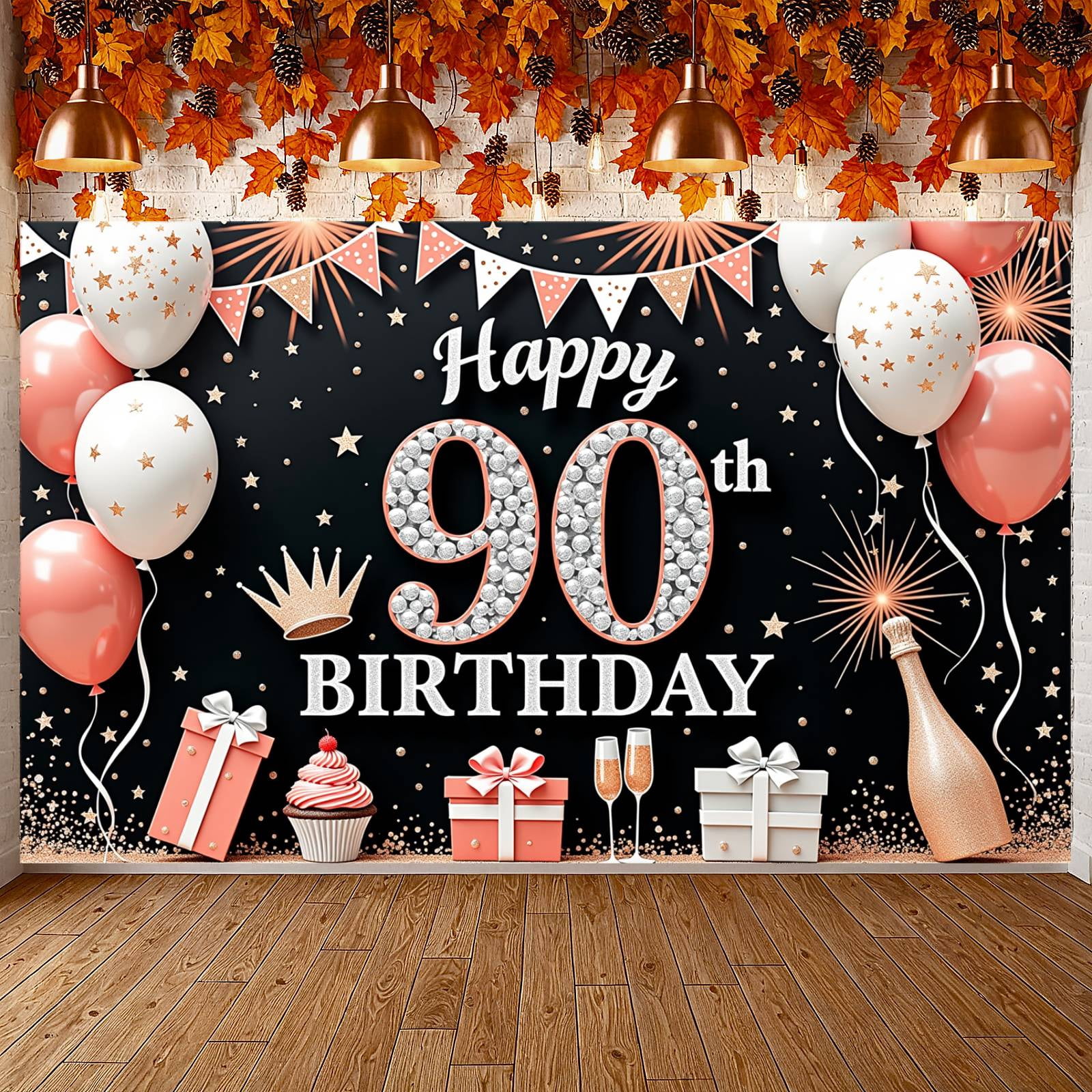 Pink White Theme Happy 90th Banner Gold Stars Design 90th Party ...