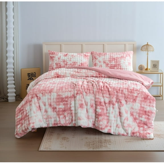 Pink White Tie - Dye Luxury Raised Plaid Faux Flannel 3-Piece QUEEN/KING Sizes Duvet Cover Set - Winter Warmth, Includes Plush Pillowcases, Soft and Comfortable, Zipper Closure