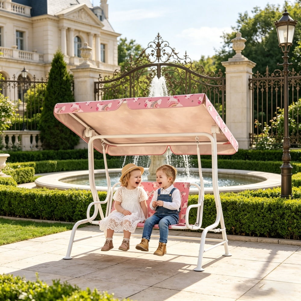 Pink & White Unicorn Rainbow Kids Swing Chair - Heavy-Duty Steel Frame, Adjustable Canopy, 132lbs Weight Capacity for Outdoor/Indoor Use
