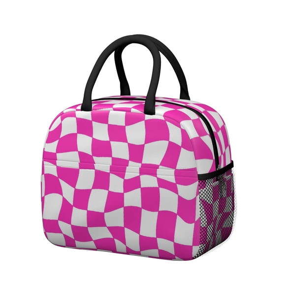 Pink and White Wavy Checkered Pattern Insulated Leakproof Lunch Box for Work, Lunch Bag for Women Men, Loncheras Para Mujer for Beach Travel Picnic Camping