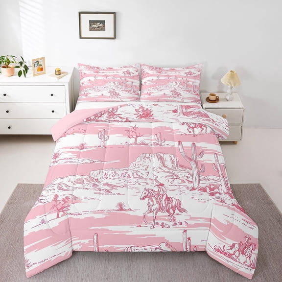 Pink and White Western Comforter Set Twin Size,West Cowgirl Cowboy Horse Bedding Set Room Decor,Cactus Desert Quilt Bed Set Country Down Comforter 2Pcs