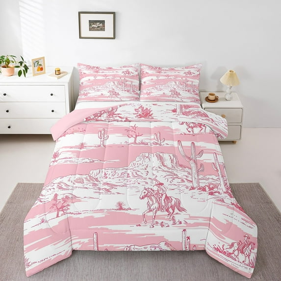 Pink and White Western Comforter Set Twin Size,West Cowgirl Cowboy Horse Bedding Set Room Decor,Cactus Desert Quilt Bed Set Country Down Comforter 2Pcs