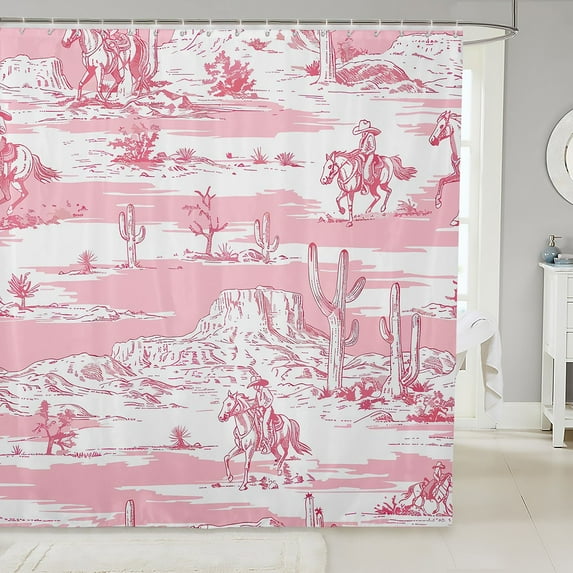 Pink and White Western Shower Curtain Set,West Cowgirl Cowboy Horse Bathroom Set Home Decor,Cactus Desert Bathroom Curtain Country Fabric Shower Curtain 72"Wx78"L