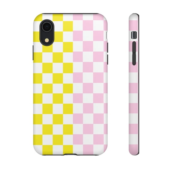 Pink White Yellow Checkered Tough iPhone 15 Case-iPhone Case-iPhone