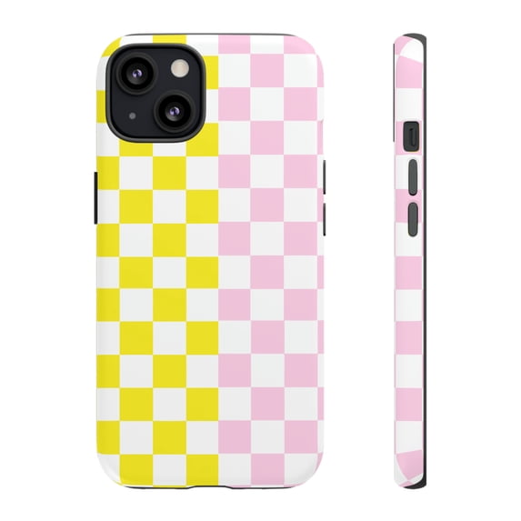 Pink White Yellow Checkered Tough iPhone 15 Case-iPhone Case-iPhone