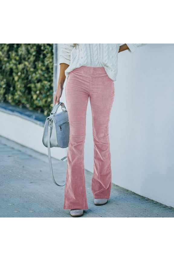 Pink Wide Leg Pants for Women, Capris for Women Casual Summer, Weekend Polyester Dress Pants Women, Women Solid High Waist Slim Fit Corduroy Flared Pants Elastic Casual