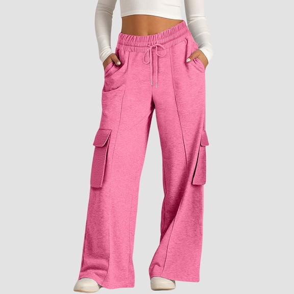 Pink Wide Leg Sweatpants Women's Fashion Solid Color Waist Wide Leg Casual Pants with Drawstring Pocket Pants Fashion Clothing
