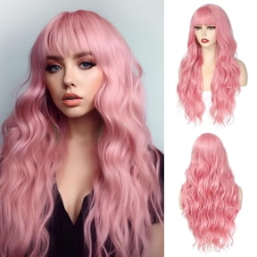 Pink Wig With Bangs Long Wavy Wigs for Women 26 Inch | Curly Wavy Wig With Bangs Natural Looking Synthetic Heat Resistant Fiber Wig for Daily Party Use