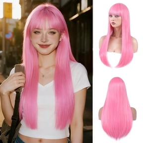 Pink Wig with Bangs for Women Long Light Pink Straight Wig for Grils Heat Resistant Synthetic Colored Wig for Cosplay for Party Halloween Daily Use 24inch
