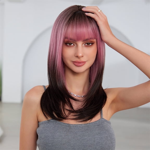 Pink Wig Long Ombre Pink Wig with Bangs Heat Resistant Synethetic Fiber Wig