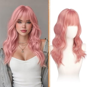 Pink Wigs with Bangs - 20 Inch Long Soft Wavy Natural Looking Synthetic Heat Resistant Hair Wig for Women Daily Party