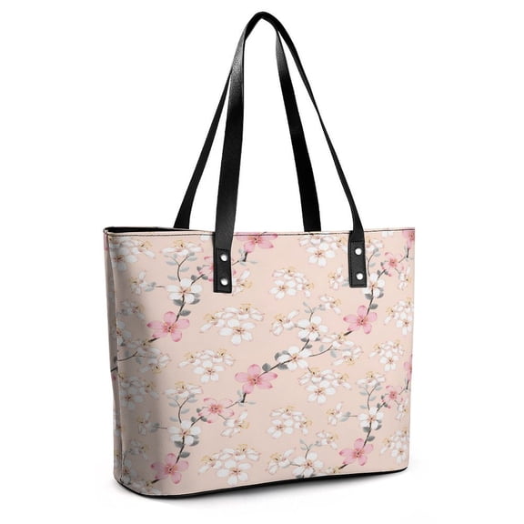 Pink Wild Flowers on Isolated Pastel Woman Leather Handbags Large Tote Bag Fashion Portable Handbags With Zipper