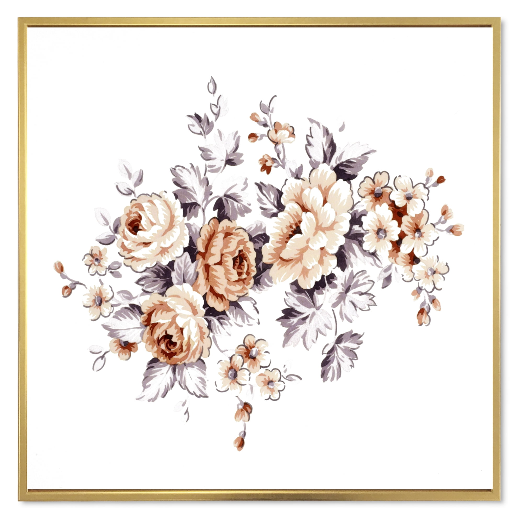 Pink Wild Roses With Monochrome Leaves 36 in x 36 in Framed Painting Canvas Art Print, by Designart