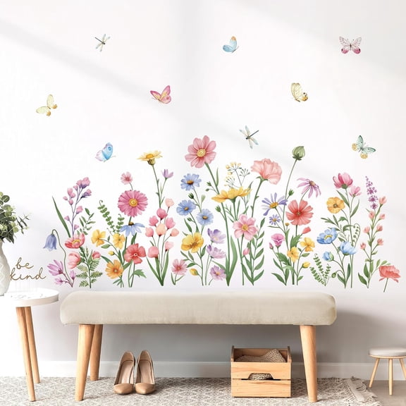 Pink Wildflower Wall Stickers Garden Flower Daisy Butterflies Floral Botanical Wall Art Decals for Bedroom Living Room Sofa