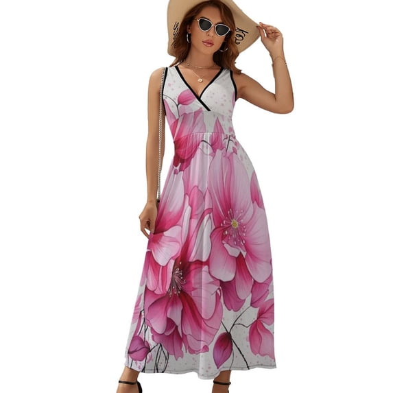 Pink Wildflowers (1) Womens Night Club Maxi Dress V Neck Sleeveless Bohemia Long Dresses
