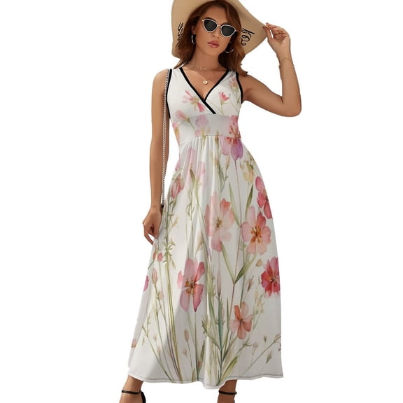 Pink Wildflowers (2) Dress Summer Street Style Bohemia Long Dresses Female Sleeveless Printed Maxi Dress
