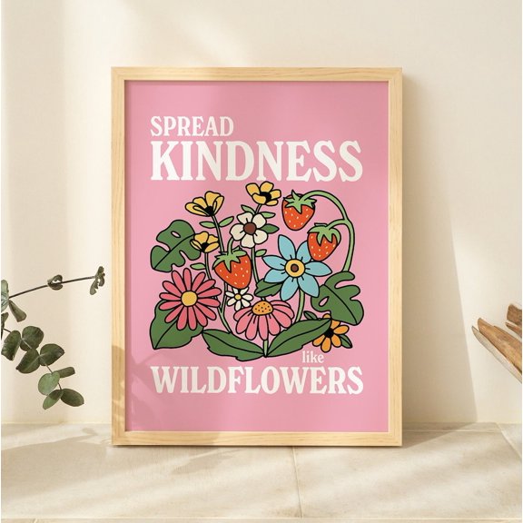 Pink Wildflowers Botanical Flower Market Spread Kindness Quote, Unframed Paper Print Size 8x12