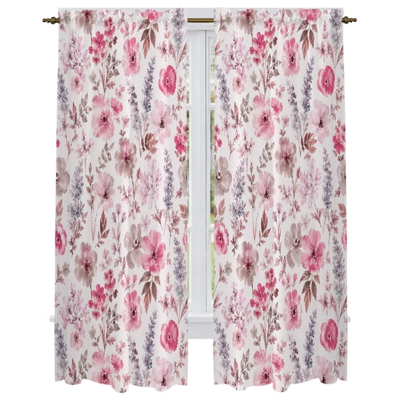 Pink Wildflowers Kitchen Curtain for Berdoom Living Room Cafe 72 Inch Length, Chic Floral Classic Botanical Tiers Curtains Light Filtering Drapes Rod Pocket Window Treatment 2 Panels 52"Wx72"L