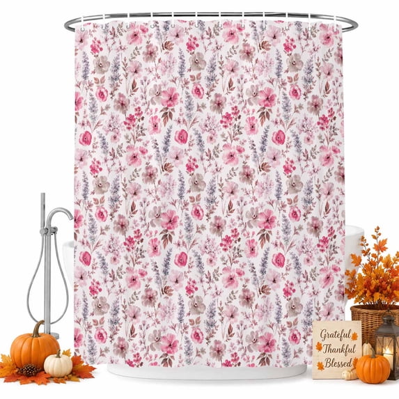 Pink Wildflowers Shower Curtain Set - 72" x 78" Washable Bathtub Curtain with 12 Hooks, Chic Floral Classic Botanical Waterproof Fabric Stall Shower Curtains for Bathroom/Bathtub Décor