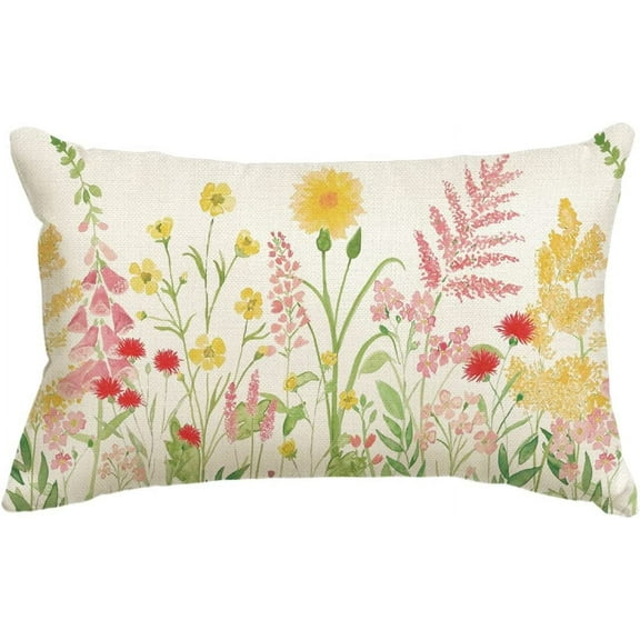 Pink Wildflowers Spring Throw Pillow Cover, 12 x 20 Inch Spring Flower Cushion Case for Sofa Couch
