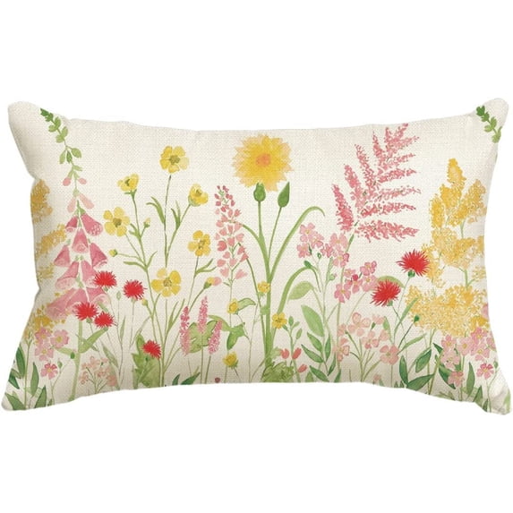 Pink Wildflowers Spring Throw Pillow Cover, 12 x 20 Inch Spring Flower Cushion Case for Sofa Couch
